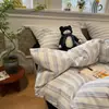 Funda de edredón a rayas y cuadros de algodón lavado, juego de cama de cuatro piezas, estilo sábana plana, estilo sábana ajustable, juego de tres piezas para dormitorio, estilo simple y minimalista