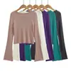 Top de punto de color liso, cuello redondo, manga larga, estilo americano de alta gama, simple, para el otoño de 2026, top chic y moderno de corte ajustado para chicas a la moda