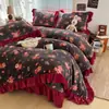 Juego de cuatro piezas de funda de cama de encaje de princesa estilo coreano de terciopelo de leche, funda de edredón gruesa y cálida de invierno, juego de terciopelo de coral