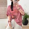 Verano Nuevo Jersey de Cuello Redondo de Manga Corta de Doble Capa de Hilo de Algodón Estampado Camiseta de Mujer Look Adelgazante Holgado Versátil Top Casual