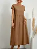 2026 Amazon Aliexpress Producto Nuevo Transfronterizo Europeo y Americano Vestido de Color Sólido sin Mangas Holgado de Algodón y Lino con Bolsillos en Stock