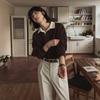 Suéter MYQ vintage de color contrastante para hombre, suéter con solapa suelta de otoño, polo de manga larga de moda coreana