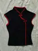 2026 Estilo Chino Retro Bloques de Color Rojo y Negro Botones Cuello Alto Manga Corta Cheongsam Modificado Top Estilo Chino Nuevo Moda Callejera para Chicas