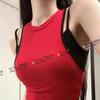 Top Camisola Sexy Estilo Spice Girl Falso Duas Peças Combinando Cores Feminino Slim Fit Costas Abertas Fashionável Versátil Base Sem Mangas