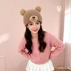 Gorro de Lana de Oso de Dibujos Animados para Mujer en Otoño e Invierno Gorro de Punto Grueso Cálido Gorro Lindo a Prueba de Frío con Protección para las Orejas Gorro de Tejer