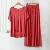 Conjunto de Pijama Casual Duas Peças Feminino de Modal com Gola Redonda e Manga Curta com Calça de Perna Larga Roupas de Casa Tamanho Plus Size Solto
