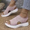 Sandálias femininas plus size transfronteiriças 2026 novo estilo de verão cor sólida bico redondo fly-knit moda slip-on plataforma sandálias de sola grossa