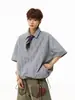Camisa de Manga Corta Plisada Cuadros Azules Miu para Hombres y Mujeres, Tendencia de Verano Cityboy Holgada y Perezosa Chaqueta Camiseta Casual