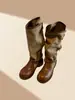 20264cm Salto Grosso Dobrável Dupla Utilização Fivela Cor Bloqueada Bico Redondo Botas de Equitação Meia-Panturrilha Sola Grossa Aumenta Altura Botas Longas para Mulheres
