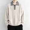 Suéter Polo de Color Contrastante para Hombre Otoño Invierno Cuello de Solapa Tejido de Punto Retro Holgado Top Básico Casual de Punto para Hombre
