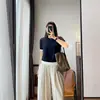 Diseño de Color de Contraste Lyocell Tencel Ropa de Trabajo Sencilla Falso Dos Piezas Holgado Adelgazante Manga Corta Tejido de Punto para Mujer H051312