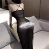 Falda Larga Sexy de Malla Ajustada con Tirantes, Look Adelgazante de Alta Gama Transparente Pijama Sexy con Aberturas Profundas en V, Atuendo Apasionado y Tentador