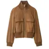 Moda feminina europeia e americana transfronteiriça, popular no AliExpress: Jaqueta bomber com gola alta canelada estilo francês