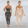 C6272 Transfronteiriço Aliexpress Amazon Moda Europeia e Americana Feminino Cor Sólida Malha Strass Sem Mangas Calça Longa Macacão