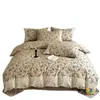 Juego de Cuatro Piezas con Borde de Encaje Vintage Clase A, Engrosado Otoño e Invierno, Fresco Juego de Ropa de Cama de Lino Floral