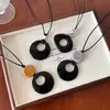 Colar Pingente Anel Longo de Vidro Preto para Mulheres, Estilo Chinês Novo Vintage, Acessório de Alto Padrão, Corrente para Suéter de Luxo Leve