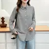 Camisa Feminina Plus Size Nova Estilo Outono Fresca e Simples Manga Longa com Gola Bordada de Gato e Listras, Adequada para 90 kg, 0717