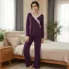 Conjunto Feminino de Casa Novo Estilo, Venda Transfronteiriça, Manga Longa, Calça Longa, Conjunto de Duas Peças com Renda, Decote V e Laço, Roupa Casual para Primavera e Outono