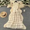 Vestido Longo Feminino Elegante Floral Color-Blocking Sem Mangas Tricô Patchwork Camadas Bolo Estilo Francês 2026