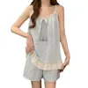 Pijama de Algodón Nube para Mujer con Almohadillas para el Pecho, Estilo Coreano de Verano Dulce Conjunto de Shorts con Tirantes para Casa de Chica Delgada