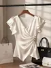 Amazon Wish Mais Vendido Primavera/Verão 2026 Tamanho Plus Size Damasco Cetim Cintura Marcada Assimétrica Camisa do Dia a Dia