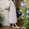 Vestido de Verano de Punto con Cuello Redondo Estampado Floral de Longitud Media Falda Línea A Estilo Casual Pastoral Talla Grande
