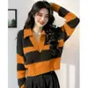 Novo Suéter Slim Retrô de Contraste com Gola para Primavera e Outono 2025 Feminino Suéter de Listras para Usar por Baixo Manga Longa Mais Fácil de Combinar