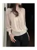 Camisa feminina estilo francês em Liocel com mangas bufantes, estilo elegante e suave, blusa de outono plissada de manga longa
