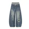 Jeans Anchos Holgados con Diseño de Retazos Lavados Desgastados Borde Crudo Estilo High Street Asiático Americano Ligero Oso Mágico