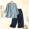 Camisa artística vintage de algodón y lino bordada de manga tres cuartos, conjunto de dos piezas para el verano para madres, top de color liso y pantalones de pierna ancha para mujer