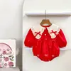 Vestido de Navidad para Niña Primavera Otoño Manga Larga Pelele de Bebé Bordado de Lazo Vestido Rojo para Niña Atuendo de Hermana