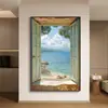 Pintura Decorativa Moderna Simples de Janela Falsa com Paisagem Marinha Pintura de Chão para Parede de Fundo de Sofá Extensão de Espaço Pintura para Pendurar no Quarto