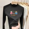 Camisa base de outer wear para meninas em fleece dupla face, nova blusa casual com estampa de desenho animado, camiseta de gola semi-alta, mangas compridas escovadas