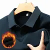 Conjunto de duas peças masculino de inverno com forro de fleece, camisa polo de manga longa versátil, top básico espesso para negócios casuais