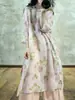 Vestido de Linho Rosa Estampado Diagonal com Botões Estilo Chinês Novo Vintage Artístico Redutor de Idade