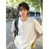 Camiseta de verano para hombre color albaricoque, manga corta, cuello Henley cosido a mano, con estampado de espiga de trigo, estilo perezoso de peso pesado, polo