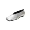 Zapatos Planos de Piel de Vaca de Primera Capa con Boca Baja para Mujer, Nuevo Estilo Primavera Temprana, Piel Genuina por Dentro y por Fuera, Zapatos de Puntera Cuadrada de Caña Baja Dorados y Plateados para Mujer