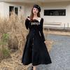 Vestido feminino estilo coreano, saia longa, cintura alta, estilo francês, com laço, manga comprida, super fino, para primavera e outono