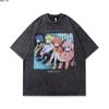 Camiseta de Manga Corta Estampada Digital por Inyección Directa Lavada Vintage de Alta Calle Europea y Americana para Pareja Casual Holgada Básica para Hombre