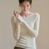 Blusa de crochê em tricô com detalhes vazados, estilo francês, elegante, branca, ombro a ombro, para mulheres, perfeita como uma camada base estilosa para o outono