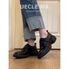 Versão em Couro ~ Mocassins de Solado Grosso para Mulheres 2026 Novo Estilo com Velcro Retro Bico Redondo Sapatos Pequenos de Couro com Salto Grosso para o Trabalho