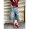 Shorts Jeans Cropped com Padrão de Raio Retro para Mulheres, Novo Design, Cintura Alta, Caimento Solto, Perna Larga, Emagrecimento, Calça Reta de Comprimento Médio