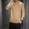 Camiseta Masculina Manga Curta Algodão e Linho Estilo Chinês 2025 Casual Japonês Retro Tamanho Grande Cor Sólida Linho Camiseta Masculina