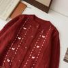Cardigã de Tricô Grosso Vermelho Estilo Coreano Simples Casual Versátil Gola Redonda para Mulheres, Jaqueta Top Casual Solta Versátil para Mulheres