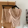 "Diário da Rosa" Malha de Liocel Verão Feminino Simples Temperamento Emagrecedor Top + Saia Média de Renda