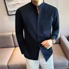 Camisa de manga larga para hombre de verano, mezcla de algodón y lino amigable con la piel, cuello mao, estilo old money, delgada, cómoda, transpirable