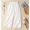En Stock Verano Nuevo Pantalones de Pierna Ancha de Algodón y Lino Pantalones Cortos Retro Literarios Holgados de Cintura Alta Pantalones Casuales Rectos de Algodón y Lino