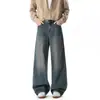 Ean patrón primavera otoño sueltos rectos pierna ancha ajuste tendencia cl pantalones vaqueros sub lavados para hombre modelo de hombre articulación de bambú