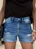 Shorts vaqueros elásticos para mujer, estilo con rotos y dobladillo deshilachado, casual para salir, transfronterizo