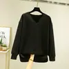 Outono e inverno, gola V, manga longa, fleece térmico, veludo fino, top de camada base quente para mulheres, corte solto, tamanho grande, espessado, camiseta modeladora
